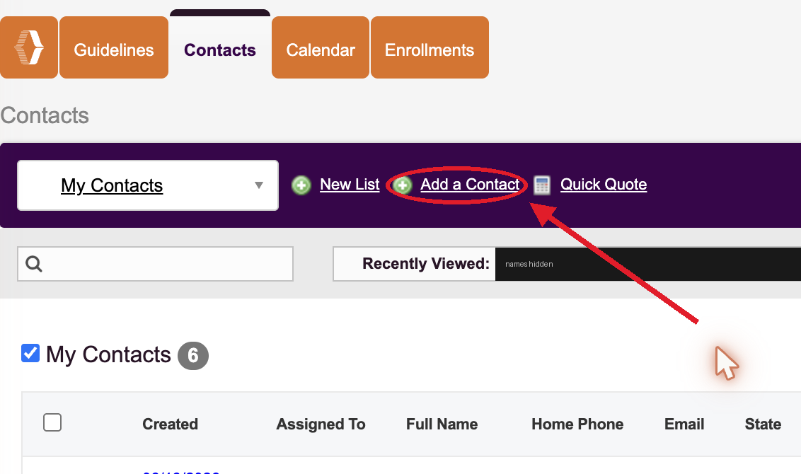 Forth Contacts page with the Add a Contact button circled in red