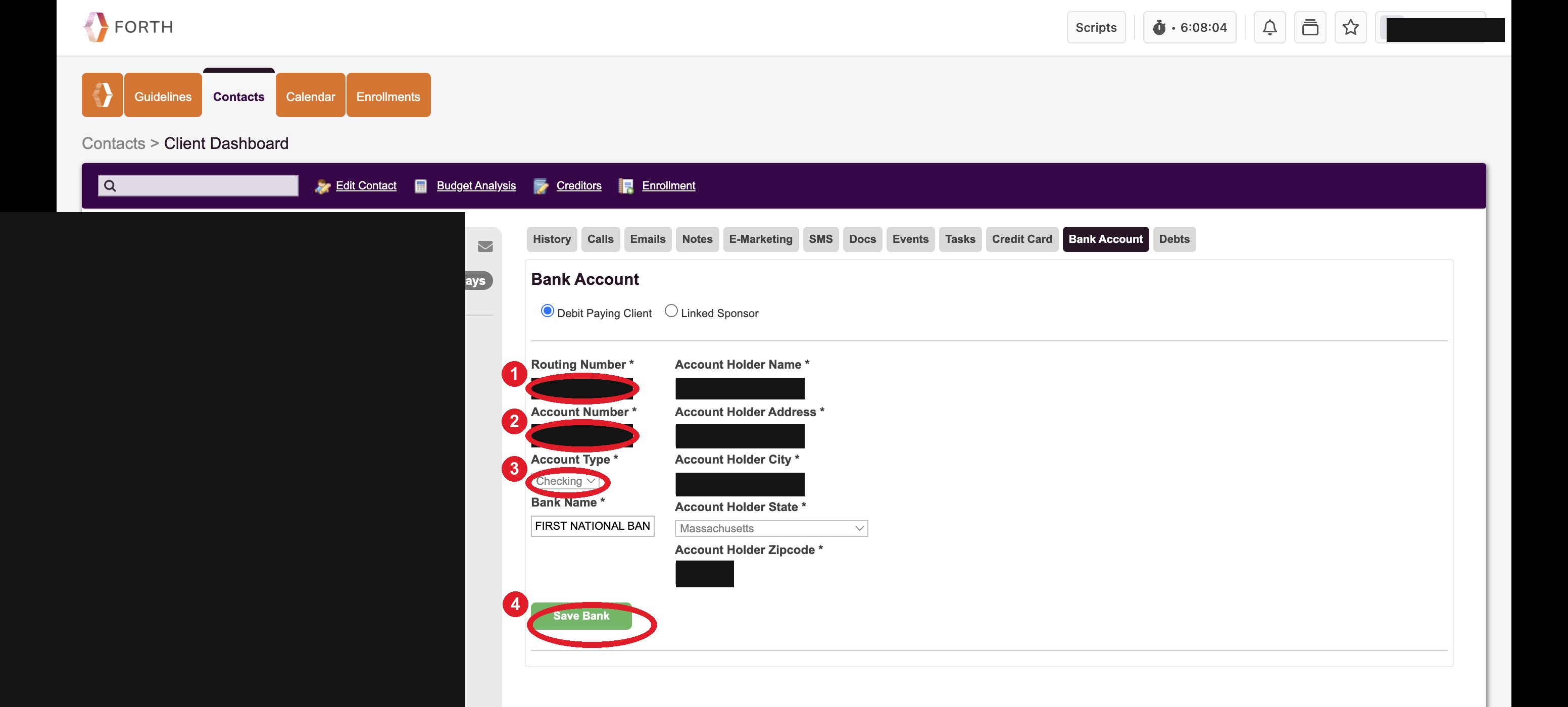 Forth Bank Account form with routing, account, checking and Save Bank circled