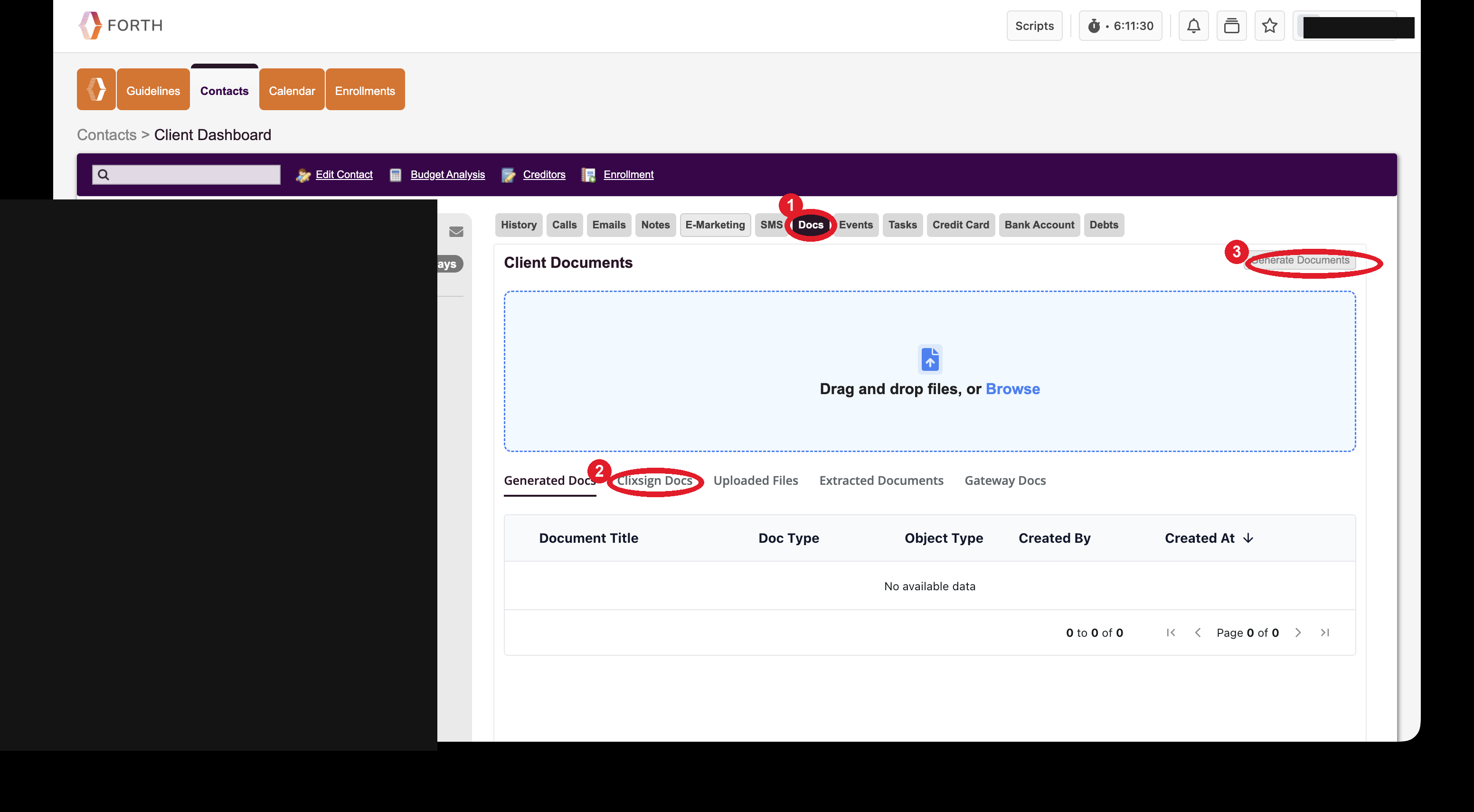 Docs tab with Docs, Clixsign Docs and Generate Document circled