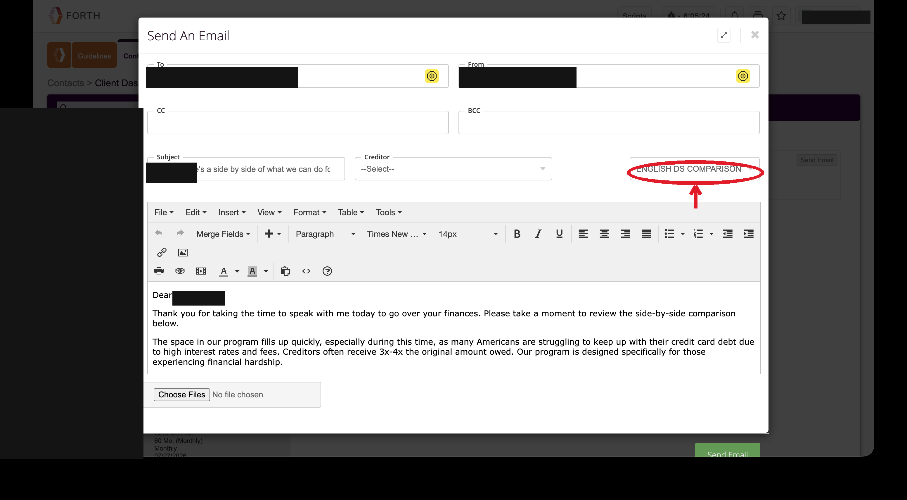 Send An Email with the ENGLISH DS COMPARISON template circled