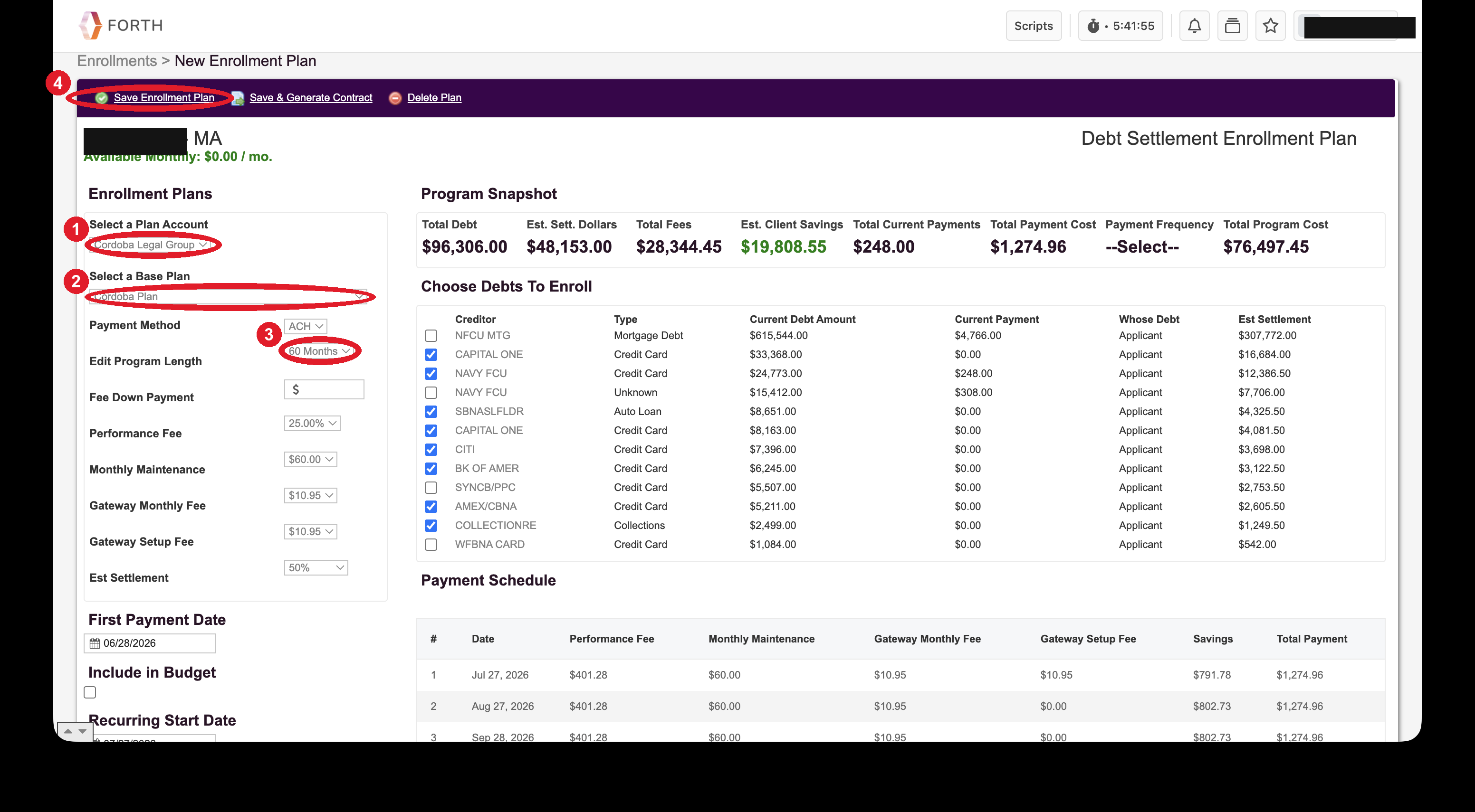 Forth New Enrollment Plan screen with plan account, base plan, program length and Save Enrollment Plan circled