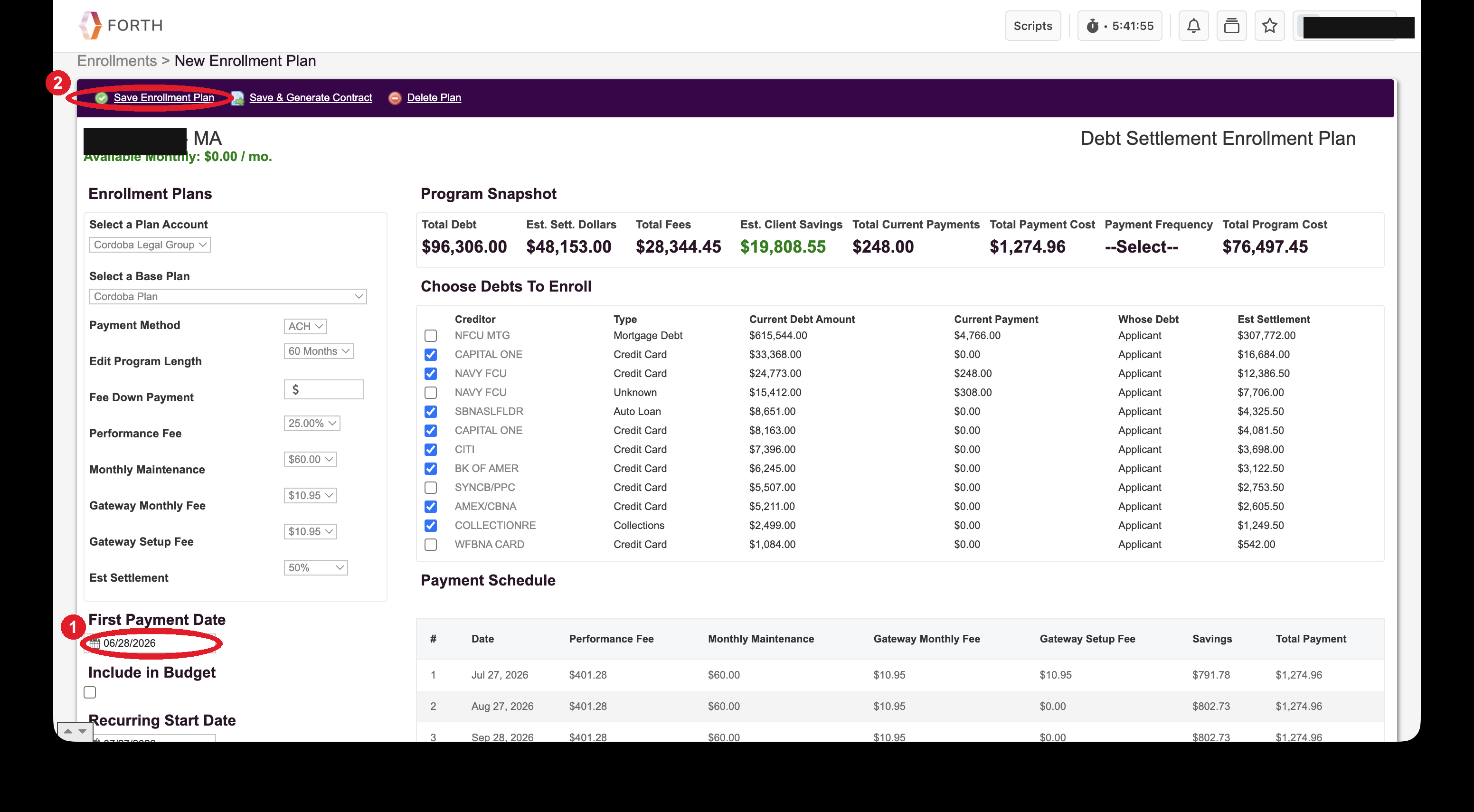 Enrollment plan screen with First Payment Date and Save Enrollment Plan circled