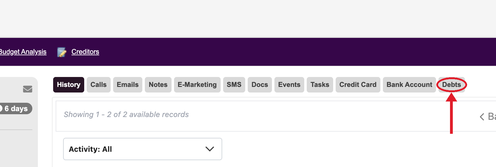 Debts tab circled in red on the contact page