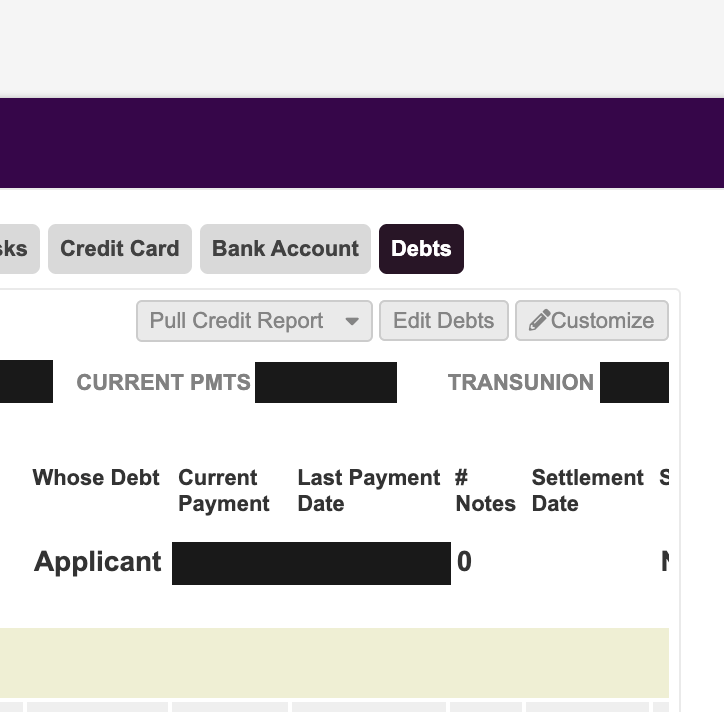 Debts list after pulling credit — scroll right to the Enrolled column