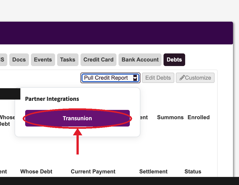 Purple Transunion button circled in red